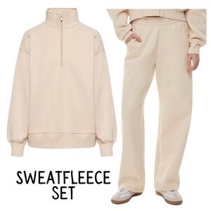 Aritzia Beige Sweatfleece Set Sweatpants & Half Zip Sweatshirt